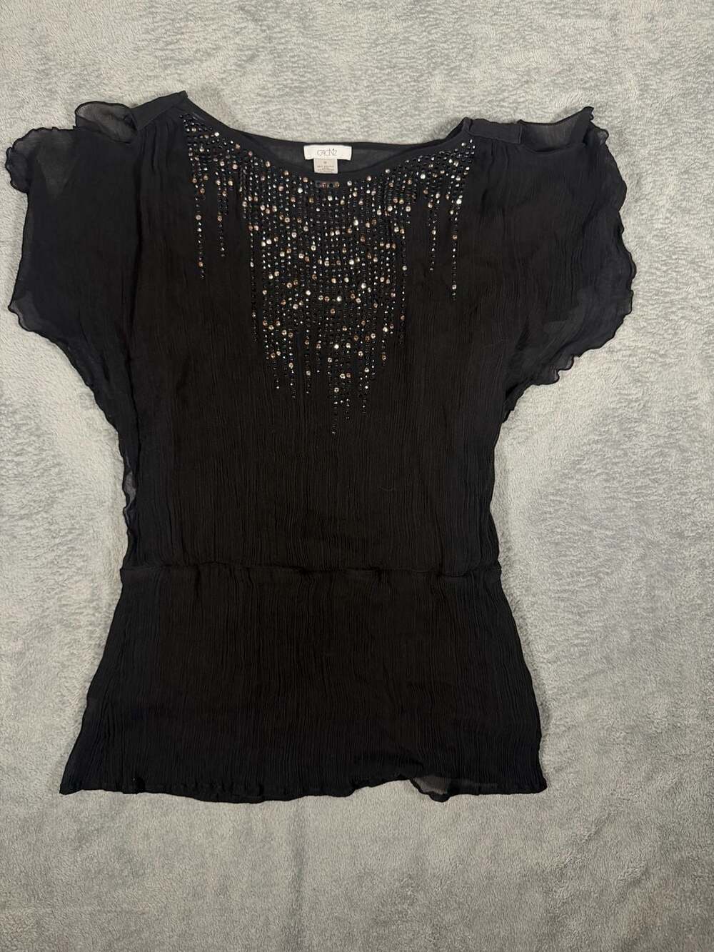 Cache Beaded Silk Blouse Size M Black Short Sleeve